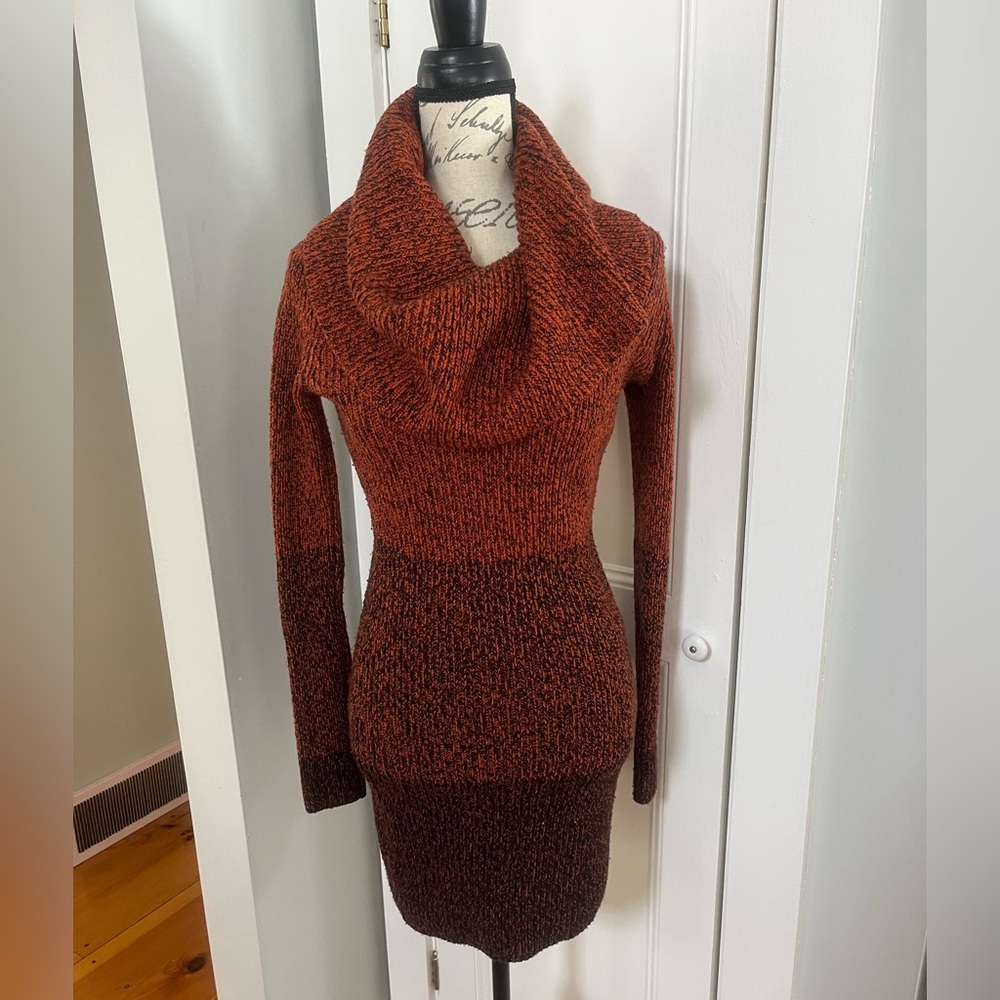 Moda International Women’s Rust/Black Cowl Neck Sweater Dress. Size: Small.